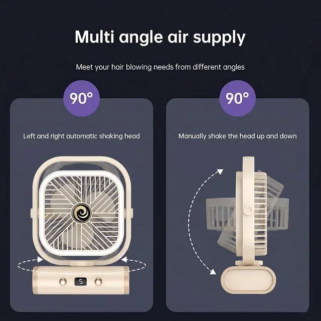 Alt view image 5 of 7 - USB Desk Fan for Bedroom, 5 Speeds Quiet Table Fan with 90° Oscillating, 2400mAh Rechargeable Battery Small Desktop Fan for Home Office Travel,Night Light (White)