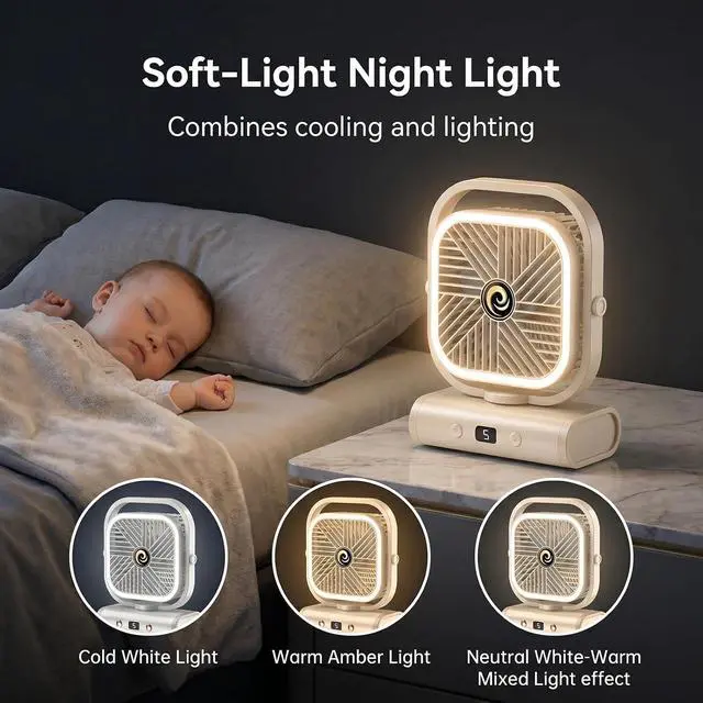 Alt view image 4 of 7 - USB Desk Fan for Bedroom, 5 Speeds Quiet Table Fan with 90° Oscillating, 2400mAh Rechargeable Battery Small Desktop Fan for Home Office Travel,Night Light (White)