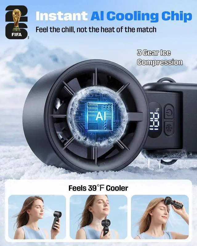 Alt view image 4 of 7 - FIFA World Cup Portable Cooling Fan, 1-199 Gear Turbo Fan | 13500 RPM Strong Wind, 3600mAh Long Battery, 150° Tilt, Official Licensed Gift for Fanatic, Summer, Beach (White)