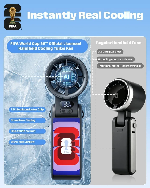 Alt view image 6 of 7 - FIFA World Cup 2026 Portable Turbo Fan, 1-199 Speed Personal Cooling Fan | 13500 RPM Strong Wind, 3600mAh Rechargeable, 150° Tilt, Official Licensed Gift for Fanatic, Summer, Beach (Colored)