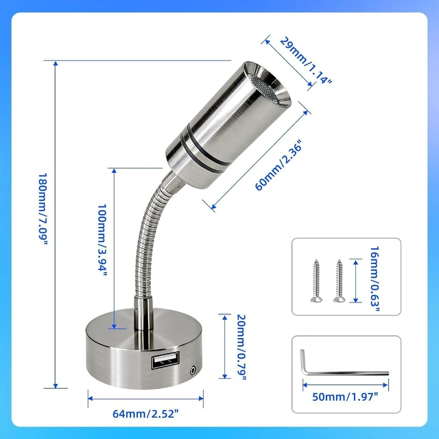 Alt view image 3 of 7 - THALASSA 12V RV Reading Light with Short Gooseneck, Aluminum Body, USB Port & Blue Night Light, Touch Control ON-Off for Motorhome Camper Van Boat Indoor Use