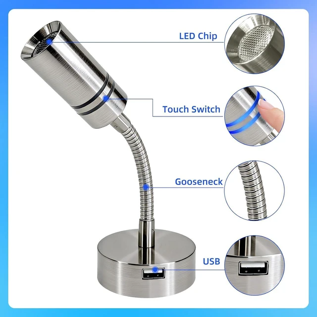 Alt view image 4 of 7 - THALASSA 12V RV Reading Light with Short Gooseneck, Aluminum Body, USB Port & Blue Night Light, Touch Control ON-Off for Motorhome Camper Van Boat Indoor Use