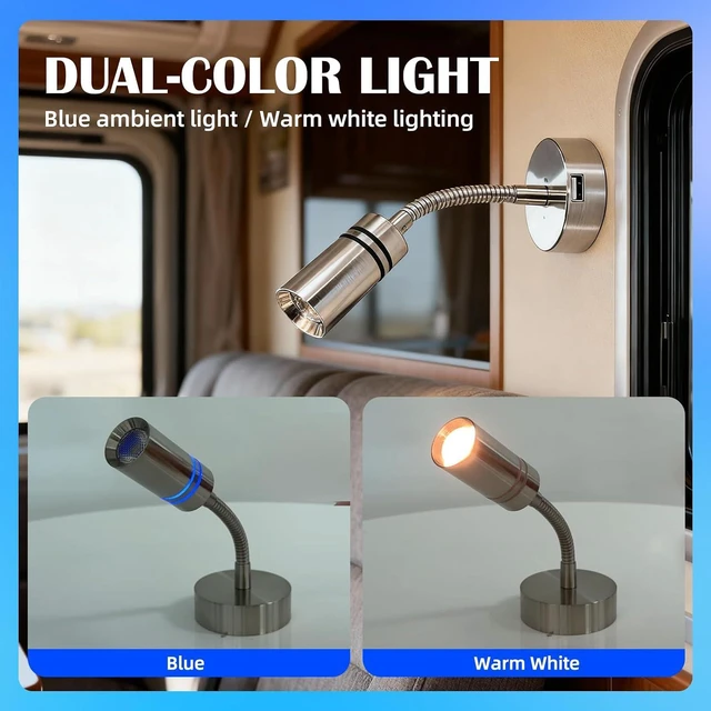 Alt view image 6 of 7 - THALASSA 12V RV Reading Light with Short Gooseneck, Aluminum Body, USB Port & Blue Night Light, Touch Control ON-Off for Motorhome Camper Van Boat Indoor Use