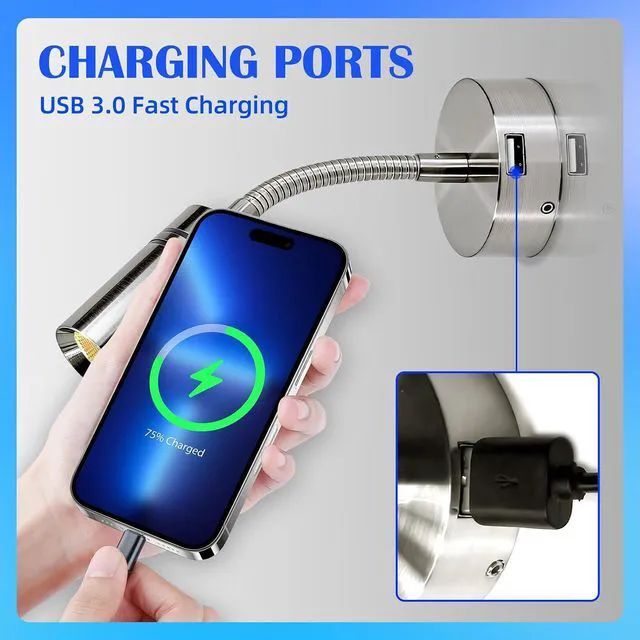 Alt view image 7 of 7 - THALASSA 12V RV Reading Light with Short Gooseneck, Aluminum Body, USB Port & Blue Night Light, Touch Control ON-Off for Motorhome Camper Van Boat Indoor Use
