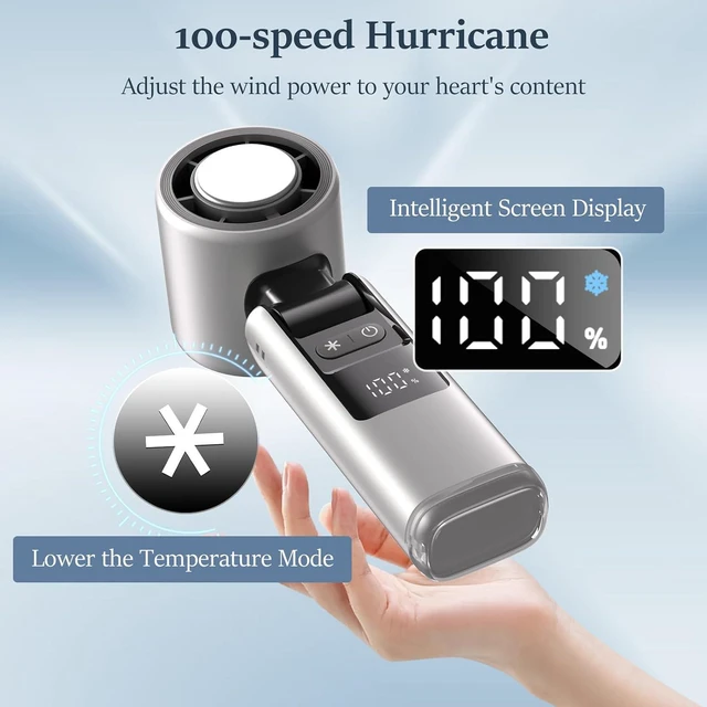 Alt view image 4 of 7 - SAYTAY Portable Handheld Fan, 100 Speed Adjustable Turbo Mini Fan with Lower the Temperature Mode, Rechargeable Digital Display Foldable Personal Fan with Night Light for Women Men Outdoor