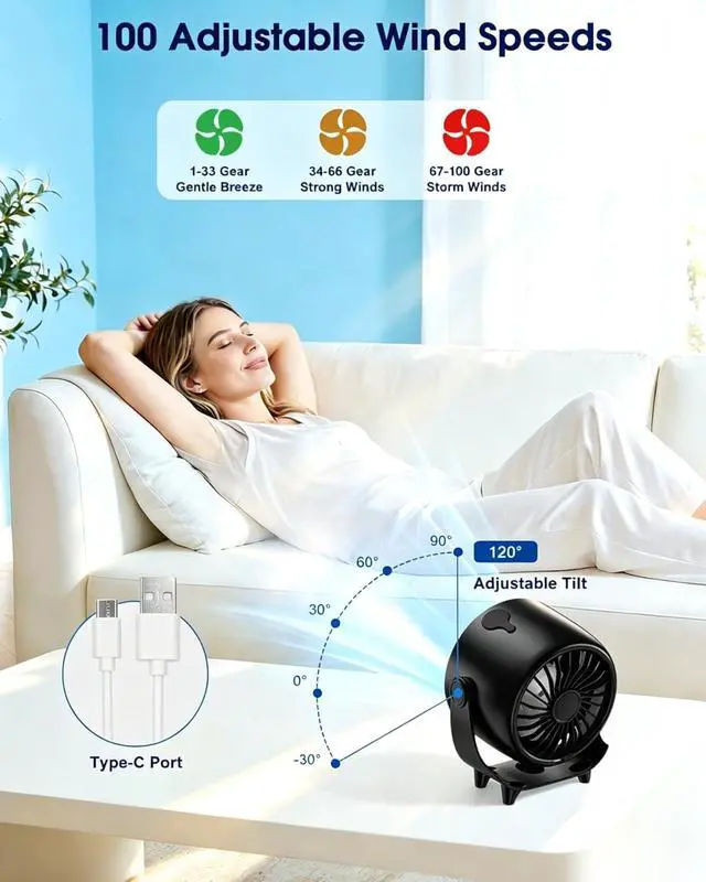 Alt view image 3 of 7 - Ouddy Mode Portable Misting Desk Fan, 100 Speeds Quiet Bedroom Fan with Digital Display, 6.3 Inch Wall-Mouted Design USB Rechargeable Desktop Fans for Bedroom Office Home Travel Outdoor Black