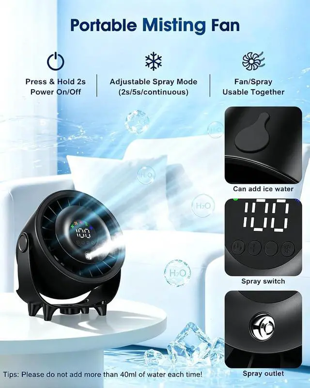 Alt view image 5 of 7 - Ouddy Mode Portable Misting Desk Fan, 100 Speeds Quiet Bedroom Fan with Digital Display, 6.3 Inch Wall-Mouted Design USB Rechargeable Desktop Fans for Bedroom Office Home Travel Outdoor Black
