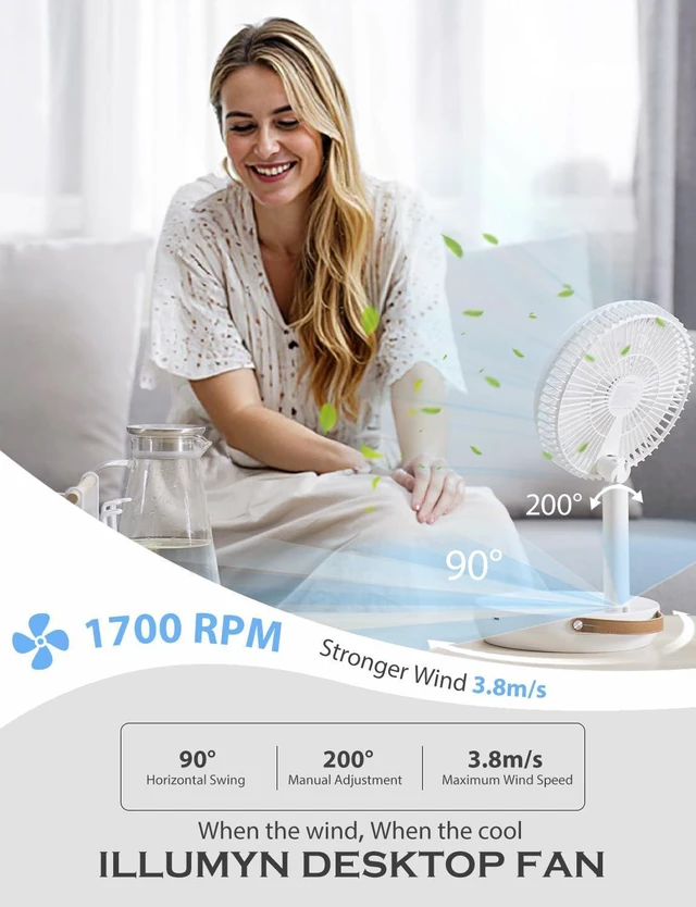 Alt view image 3 of 7 - Standing Fan, Floor Fan, Height Adjustable Remote Control, Foldable and Portable 4 Speeds Super Quiet 7200mAh Rechargeable Battery USB Fan for Home Outdoor and Office