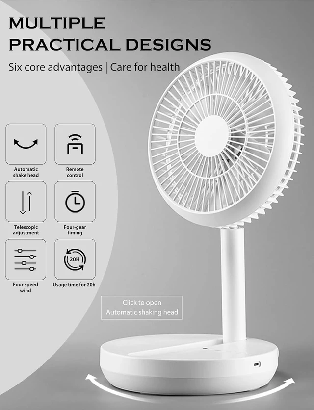 Alt view image 2 of 7 - Standing Fan, Floor Fan, Height Adjustable Remote Control, Foldable and Portable 4 Speeds Super Quiet 7200mAh Rechargeable Battery USB Fan for Home Outdoor and Office