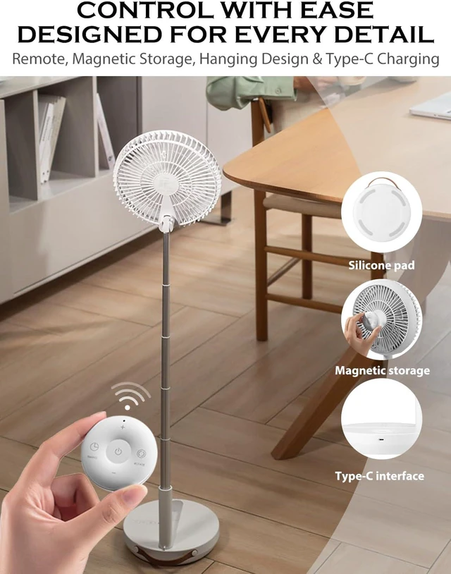 Alt view image 5 of 7 - Standing Fan, Floor Fan, Height Adjustable Remote Control, Foldable and Portable 4 Speeds Super Quiet 7200mAh Rechargeable Battery USB Fan for Home Outdoor and Office