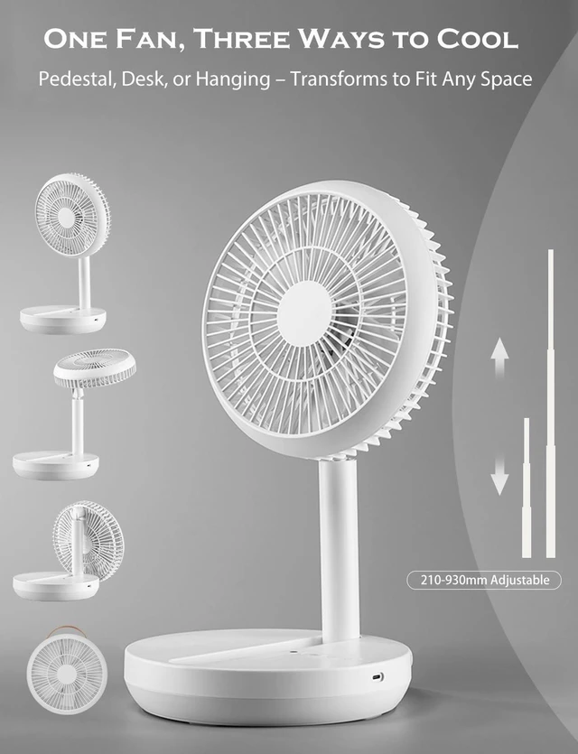Alt view image 7 of 7 - Standing Fan, Floor Fan, Height Adjustable Remote Control, Foldable and Portable 4 Speeds Super Quiet 7200mAh Rechargeable Battery USB Fan for Home Outdoor and Office
