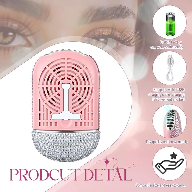 Alt view image 4 of 7 - Diamond Lash Fan Mini Portable Handheld Rhinestone Handheld Eyelash Fan Crystal Bling Personal for Eyelash Extension Air Cooling Blower with Built in Sponge Lash Extension Application
