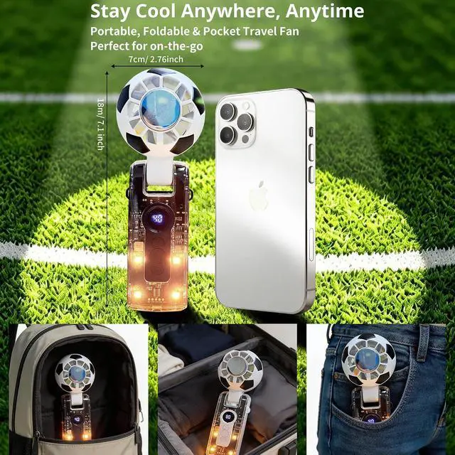 Alt view image 6 of 7 - Soccer Handheld Fan with Ice Cooling Plate, 100-Speed Rechargeable Personal Fan, 3600mAh Mini Fan with LED Display & Flashlight, Foldable Portable Fan for Sports, Travel, Outdoor & Indoor Use