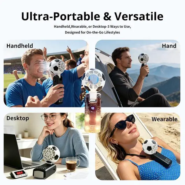 Alt view image 7 of 7 - Soccer Handheld Fan with Ice Cooling Plate, 100-Speed Rechargeable Personal Fan, 3600mAh Mini Fan with LED Display & Flashlight, Foldable Portable Fan for Sports, Travel, Outdoor & Indoor Use