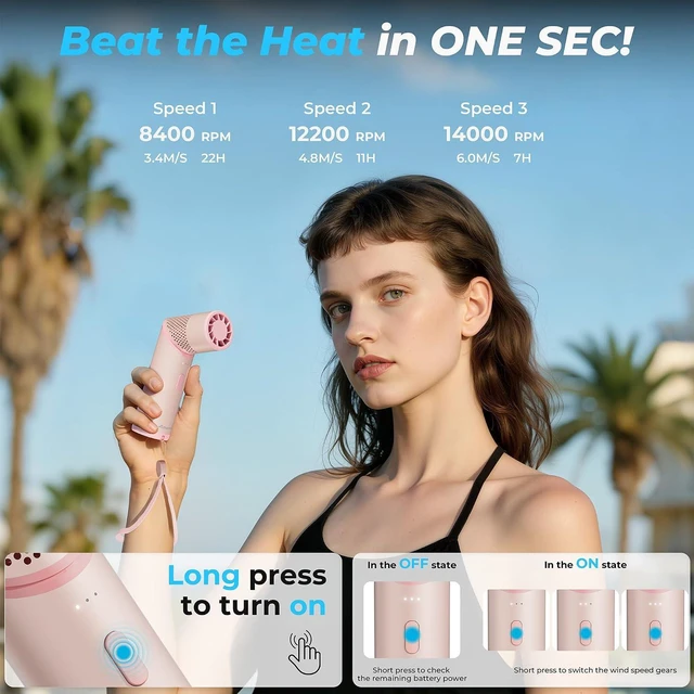 Alt view image 4 of 7 - AMACOOL Portable Handheld Turbo Fan with Rotatable Head, 22H Run Time, 14000RPM High Speed Motor, 3 Speeds & Metal Tube Body, Mini Yet Powerful Pocket Rechargeable for Travel Outdoor Beach-Pink