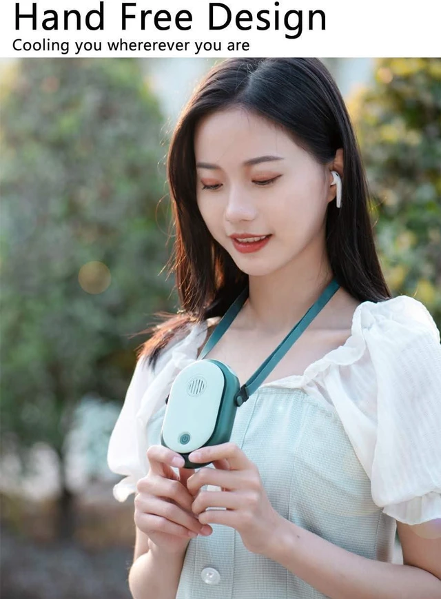 Alt view image 2 of 4 - Portable Hanging Neck Fan Wearable Personal Handheld Fan Battery Operated USB Rechargeable 3 Speed Mini Handheld Air Cooling Necklace Fan for Women Eyelash Makeup Camping Outdoor, green