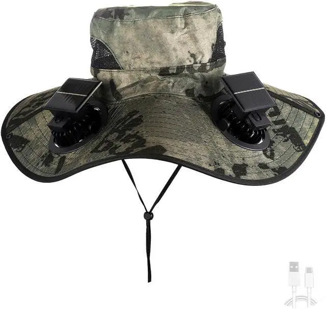 Main image of Outdoor Portable Summer Sun hat Fan with 2 Solar Fans, New Fisherman hat Fan,Powered by Solar/USB Batteries. Green