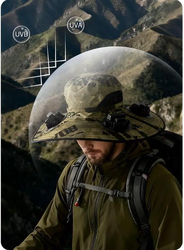 Alt view image 3 of 6 - Outdoor Portable Summer Sun hat Fan with 2 Solar Fans, New Fisherman hat Fan,Powered by Solar/USB Batteries. Green