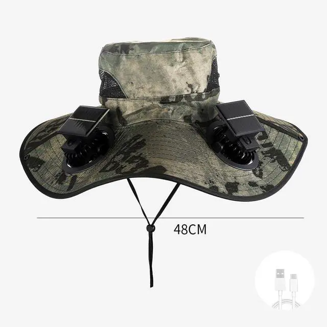 Alt view image 6 of 6 - Outdoor Portable Summer Sun hat Fan with 2 Solar Fans, New Fisherman hat Fan,Powered by Solar/USB Batteries. Green