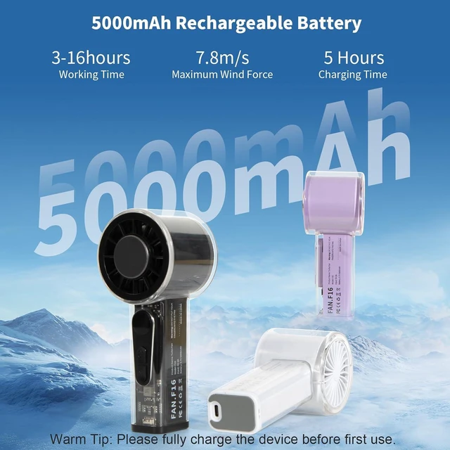 Alt view image 3 of 7 - Portable Handheld Fan with Ice Cooler, 5000mAh Battery, 6 Speeds, LED Digital Display, Turbo High Speed Personal Fan, Transparent Design for Travel, Summer, Outdoor, Concerts, Black