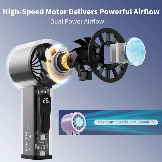 Alt view image 2 of 7 - Portable Handheld Fan with Ice Cooler, 5000mAh Battery, 6 Speeds, LED Digital Display, Turbo High Speed Personal Fan, Transparent Design for Travel, Summer, Outdoor, Concerts, Black
