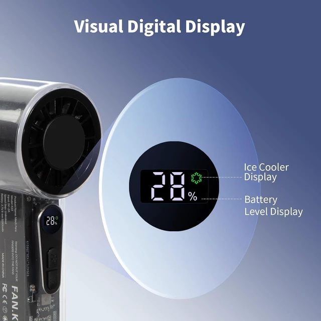 Alt view image 4 of 7 - Portable Handheld Fan with Ice Cooler, 5000mAh Battery, 6 Speeds, LED Digital Display, Turbo High Speed Personal Fan, Transparent Design for Travel, Summer, Outdoor, Concerts, Black