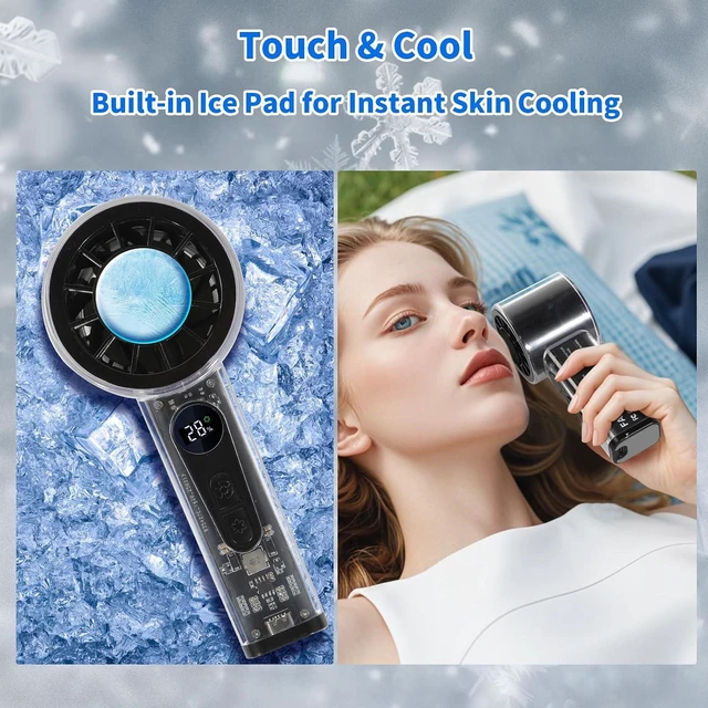 Alt view image 6 of 7 - Portable Handheld Fan with Ice Cooler, 5000mAh Battery, 6 Speeds, LED Digital Display, Turbo High Speed Personal Fan, Transparent Design for Travel, Summer, Outdoor, Concerts, Black