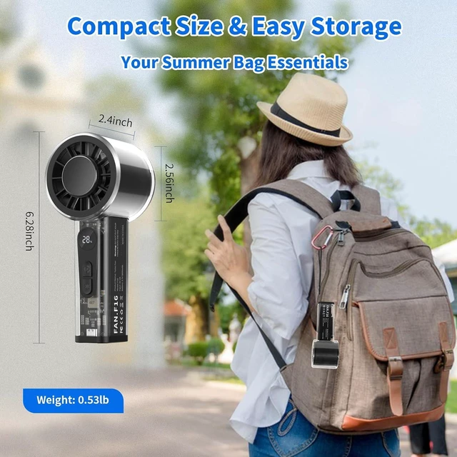 Alt view image 7 of 7 - Portable Handheld Fan with Ice Cooler, 5000mAh Battery, 6 Speeds, LED Digital Display, Turbo High Speed Personal Fan, Transparent Design for Travel, Summer, Outdoor, Concerts, Black