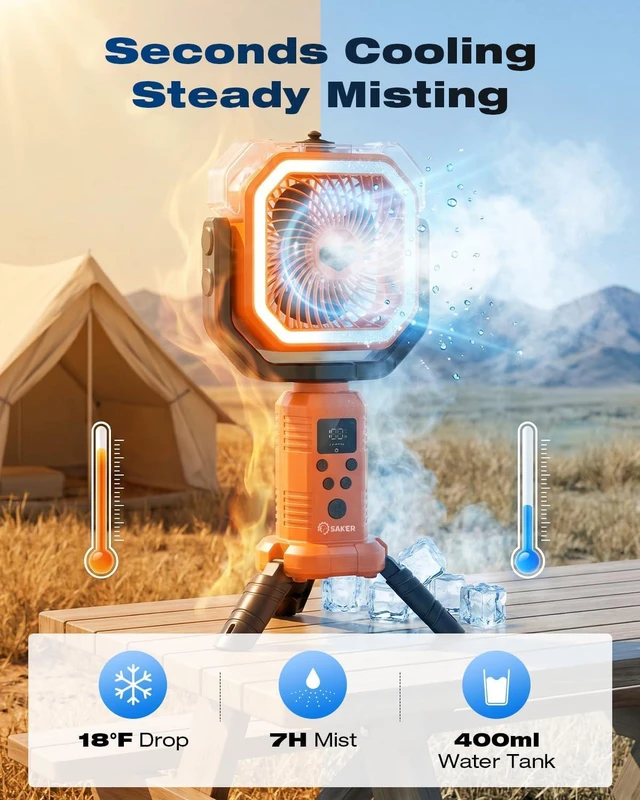 Alt view image 2 of 7 - Saker Camping Misting Fan with Stand, 20000mAh Rechargeable Fan with Mist, LED Light, 400ml Water Tank, Remote, Oscillating Outdoor Fan Portable for Camping, Yard, Home(F30P)