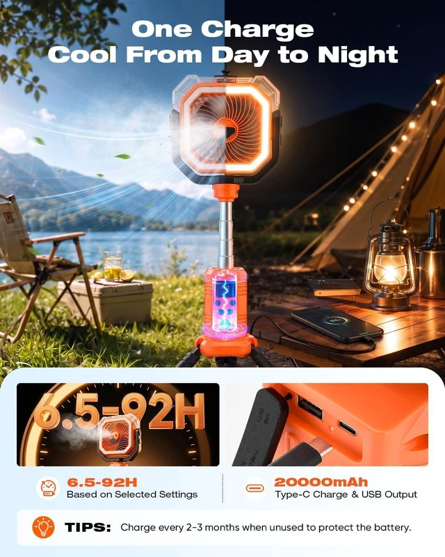 Alt view image 3 of 7 - Saker Camping Misting Fan with Stand, 20000mAh Rechargeable Fan with Mist, LED Light, 400ml Water Tank, Remote, Oscillating Outdoor Fan Portable for Camping, Yard, Home(F30P)