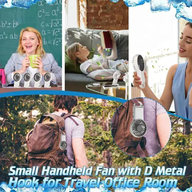 Alt view image 7 of 7 - VIHOSE 4 Pcs Portable Hanging Fan, 3 Speeds Personal Rechargeable Desk Hand Held Small Fan with D Metal Hook for Cooling Small Personal Hands Outdoor Travel (White)