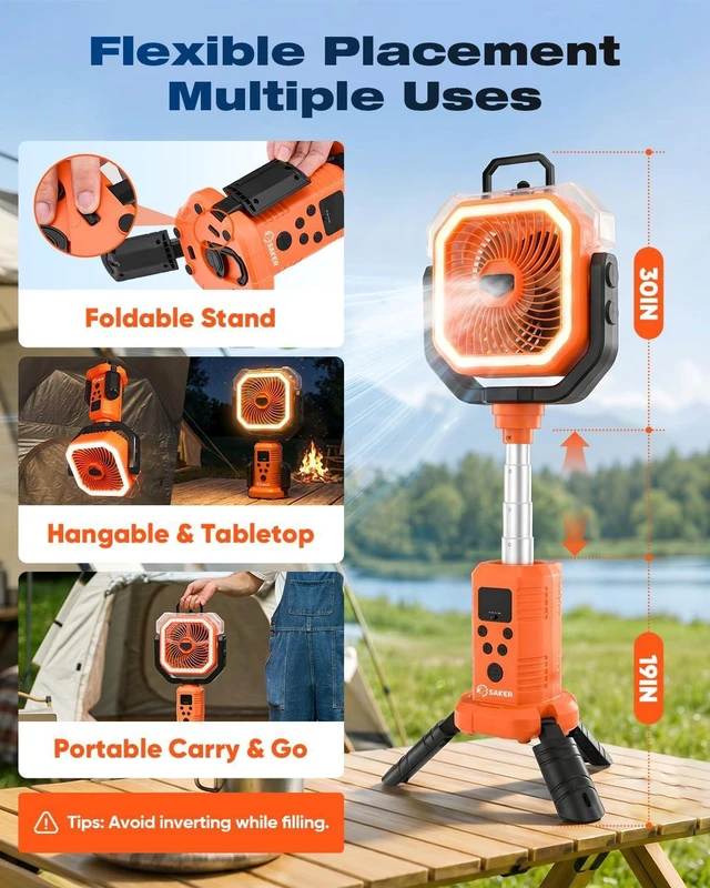 Alt view image 5 of 7 - Saker Camping Misting Fan with Stand, 20000mAh Rechargeable Fan with Mist, LED Light, 400ml Water Tank, Remote, Oscillating Outdoor Fan Portable for Camping, Yard, Home(F30P)