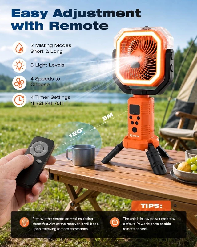 Alt view image 6 of 7 - Saker Camping Misting Fan with Stand, 20000mAh Rechargeable Fan with Mist, LED Light, 400ml Water Tank, Remote, Oscillating Outdoor Fan Portable for Camping, Yard, Home(F30P)