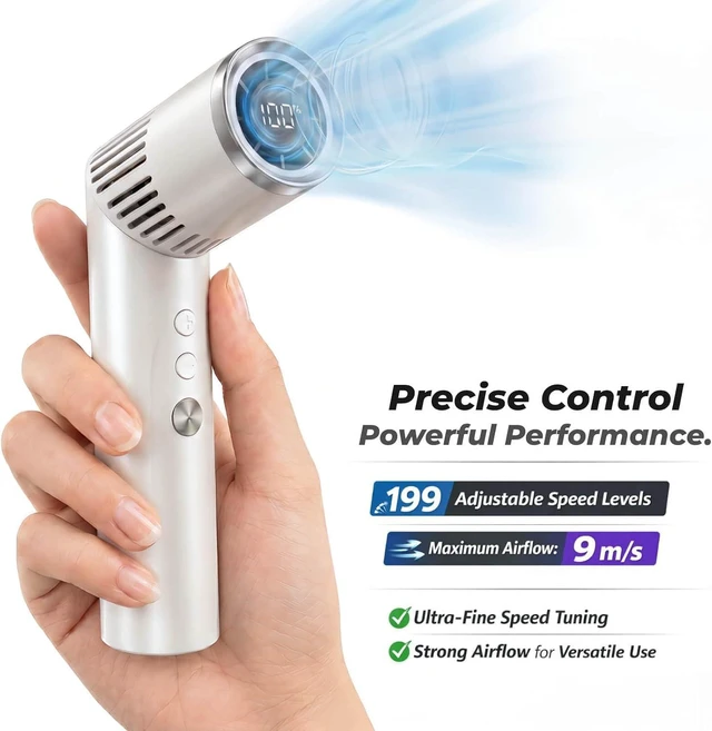Alt view image 2 of 5 - 3-in-1 Handheld Fan with Flashlight, 199-Speed Stepless Personal Fan, 90° Foldable Desk Fan, 3000mAh Rechargeable Digital Display Fan, Summer Travel Essentials for Commute & Outdoor (White)