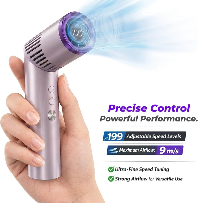 Alt view image 2 of 4 - 3-in-1 Handheld Fan with Flashlight, 199-Speed Stepless Personal Fan, 90° Foldable Desk Fan, 3000mAh Rechargeable Digital Display Fan, Summer Travel Essentials for Commute & Outdoor (Purple)