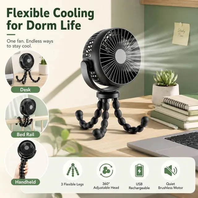 Alt view image 2 of 7 - Portable Fan, 5200mAh USB Rechargeable Octopus Desk Fan with Flexible Tripod Legs, 360° Rotation, 3 Speeds, Quiet Small Fan for Dorm, Bed, Study, Travel, Camping & Bike