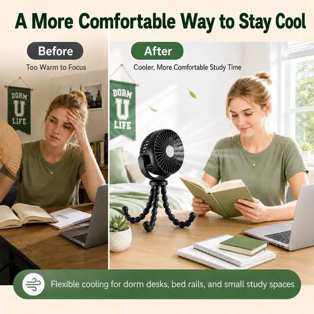 Alt view image 4 of 7 - Portable Fan, 5200mAh USB Rechargeable Octopus Desk Fan with Flexible Tripod Legs, 360° Rotation, 3 Speeds, Quiet Small Fan for Dorm, Bed, Study, Travel, Camping & Bike