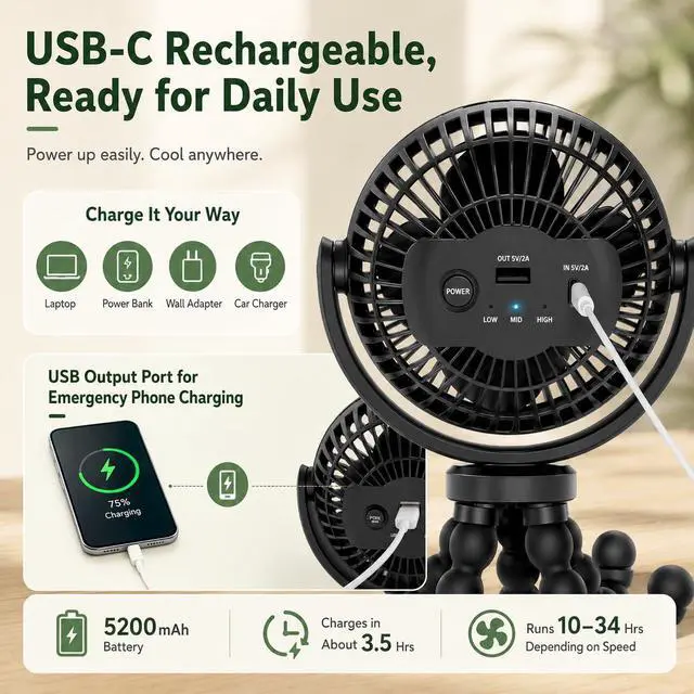 Alt view image 3 of 7 - Portable Fan, 5200mAh USB Rechargeable Octopus Desk Fan with Flexible Tripod Legs, 360° Rotation, 3 Speeds, Quiet Small Fan for Dorm, Bed, Study, Travel, Camping & Bike