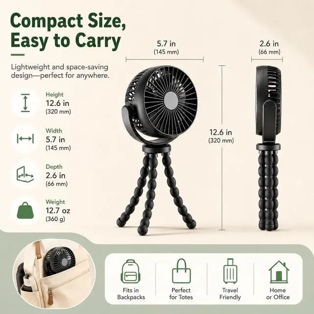 Alt view image 5 of 7 - Portable Fan, 5200mAh USB Rechargeable Octopus Desk Fan with Flexible Tripod Legs, 360° Rotation, 3 Speeds, Quiet Small Fan for Dorm, Bed, Study, Travel, Camping & Bike