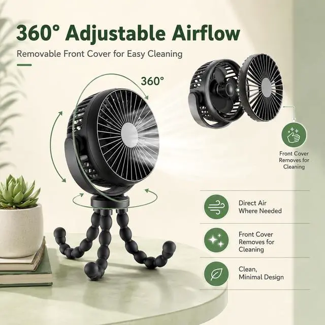 Alt view image 6 of 7 - Portable Fan, 5200mAh USB Rechargeable Octopus Desk Fan with Flexible Tripod Legs, 360° Rotation, 3 Speeds, Quiet Small Fan for Dorm, Bed, Study, Travel, Camping & Bike