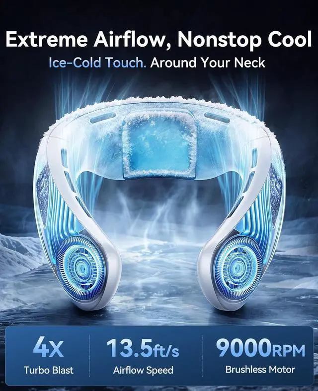Alt view image 2 of 7 - Neck Air Conditioner, Portable Neck Fan with Large Cooling Area, 22H Max Cooling, 100 Speeds, 6000mAh Battery, Digital Display, Wearable Fan for Outdoor Work, Office & Travel White