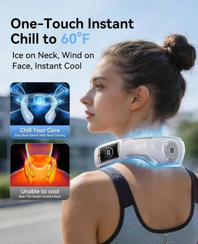 Alt view image 4 of 7 - Neck Air Conditioner, Portable Neck Fan with Large Cooling Area, 22H Max Cooling, 100 Speeds, 6000mAh Battery, Digital Display, Wearable Fan for Outdoor Work, Office & Travel White