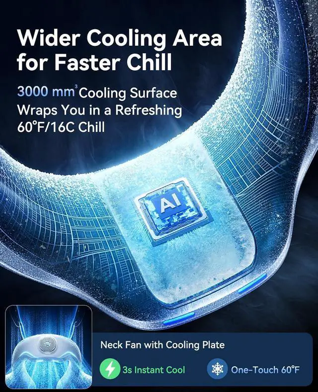 Alt view image 3 of 7 - Neck Air Conditioner, Portable Neck Fan with Large Cooling Area, 22H Max Cooling, 100 Speeds, 6000mAh Battery, Digital Display, Wearable Fan for Outdoor Work, Office & Travel White