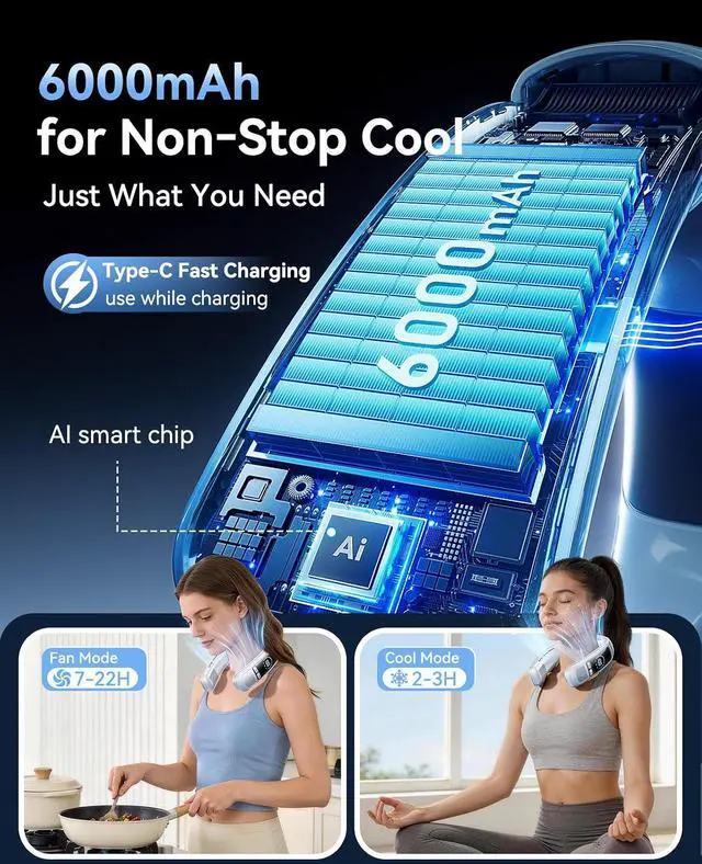 Alt view image 5 of 7 - Neck Air Conditioner, Portable Neck Fan with Large Cooling Area, 22H Max Cooling, 100 Speeds, 6000mAh Battery, Digital Display, Wearable Fan for Outdoor Work, Office & Travel White