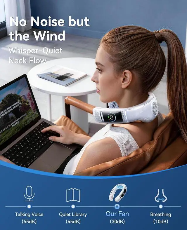 Alt view image 7 of 7 - Neck Air Conditioner, Portable Neck Fan with Large Cooling Area, 22H Max Cooling, 100 Speeds, 6000mAh Battery, Digital Display, Wearable Fan for Outdoor Work, Office & Travel White