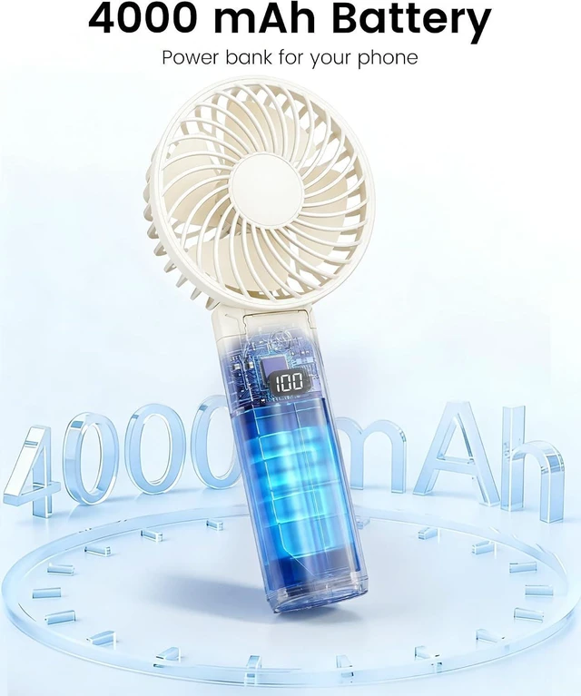 Alt view image 3 of 7 - Folding Hand Fans, 4000mAh Handheld Fan Rechargeable, Portable Fan Handheld 15H Runtime, 3 Speed Ultra Quiet, 180° Foldable 3-in-1 for Beach/Travel/Office/Camping, Lightweight Personal Fan