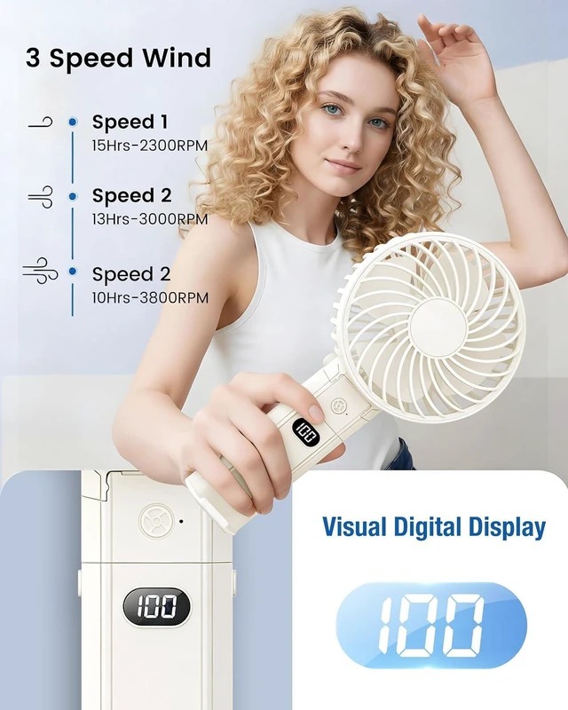 Alt view image 4 of 7 - Folding Hand Fans, 4000mAh Handheld Fan Rechargeable, Portable Fan Handheld 15H Runtime, 3 Speed Ultra Quiet, 180° Foldable 3-in-1 for Beach/Travel/Office/Camping, Lightweight Personal Fan