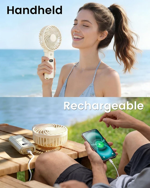Alt view image 6 of 7 - Folding Hand Fans, 4000mAh Handheld Fan Rechargeable, Portable Fan Handheld 15H Runtime, 3 Speed Ultra Quiet, 180° Foldable 3-in-1 for Beach/Travel/Office/Camping, Lightweight Personal Fan