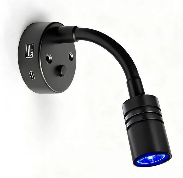 Main image of THALASSA Black RV Flexible Gooseneck Reading Light with 6000K Warm White and Blue Night Light Mode with USB-C and USB Ports 12V for Motorhome, Camper, Truck, Marine Bedside Use