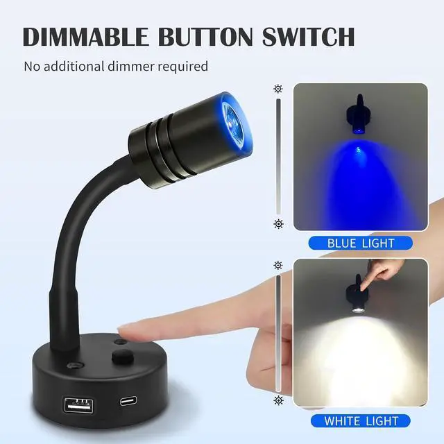 Alt view image 2 of 7 - THALASSA Black RV Flexible Gooseneck Reading Light with 6000K Warm White and Blue Night Light Mode with USB-C and USB Ports 12V for Motorhome, Camper, Truck, Marine Bedside Use